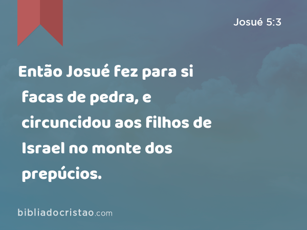 Então Josué fez para si facas de pedra, e circuncidou aos filhos de Israel no monte dos prepúcios. - Josué 5:3