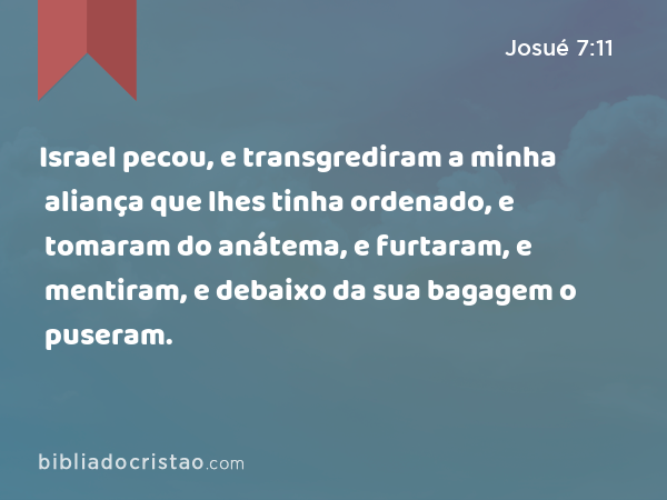 Israel pecou, e transgrediram a minha aliança que lhes tinha ordenado, e tomaram do anátema, e furtaram, e mentiram, e debaixo da sua bagagem o puseram. - Josué 7:11