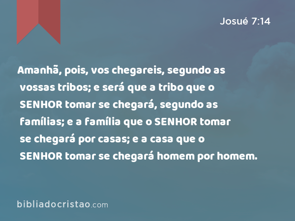 Amanhã, pois, vos chegareis, segundo as vossas tribos; e será que a tribo que o SENHOR tomar se chegará, segundo as famílias; e a família que o SENHOR tomar se chegará por casas; e a casa que o SENHOR tomar se chegará homem por homem. - Josué 7:14