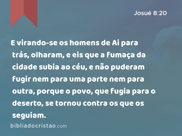 E virando-se os homens de Ai para trás, olharam, e eis que a fumaça da cidade subia ao céu, e não puderam fugir nem para uma parte nem para outra, porque o povo, que fugia para o deserto, se tornou contra os que os seguiam. - Josué 8:20