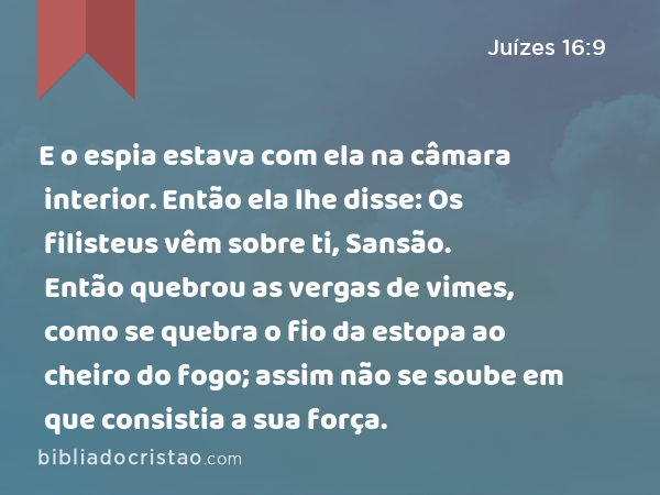 E o espia estava com ela na câmara interior. Então ela lhe disse: Os filisteus vêm sobre ti, Sansão. Então quebrou as vergas de vimes, como se quebra o fio da estopa ao cheiro do fogo; assim não se soube em que consistia a sua força. - Juízes 16:9