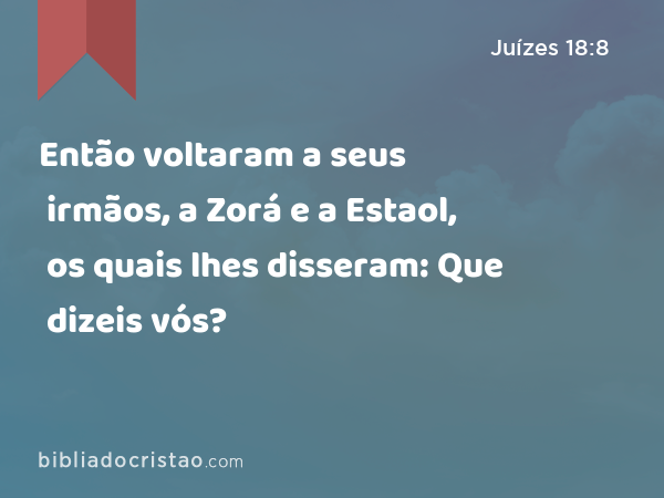 Então voltaram a seus irmãos, a Zorá e a Estaol, os quais lhes disseram: Que dizeis vós? - Juízes 18:8