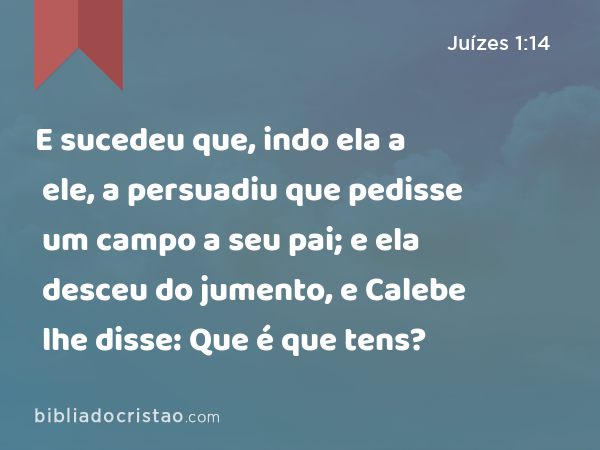 E sucedeu que, indo ela a ele, a persuadiu que pedisse um campo a seu pai; e ela desceu do jumento, e Calebe lhe disse: Que é que tens? - Juízes 1:14