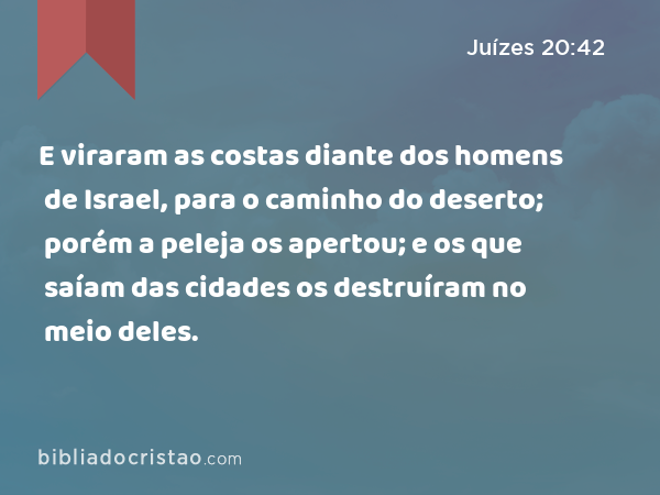 E viraram as costas diante dos homens de Israel, para o caminho do deserto; porém a peleja os apertou; e os que saíam das cidades os destruíram no meio deles. - Juízes 20:42