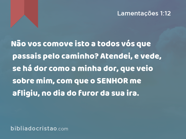 Não vos comove isto a todos vós que passais pelo caminho? Atendei, e vede, se há dor como a minha dor, que veio sobre mim, com que o SENHOR me afligiu, no dia do furor da sua ira. - Lamentações 1:12