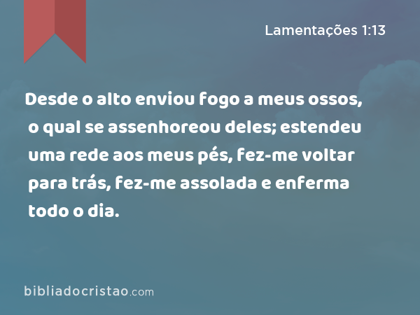 Desde o alto enviou fogo a meus ossos, o qual se assenhoreou deles; estendeu uma rede aos meus pés, fez-me voltar para trás, fez-me assolada e enferma todo o dia. - Lamentações 1:13