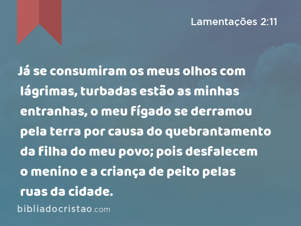 Já se consumiram os meus olhos com lágrimas, turbadas estão as minhas entranhas, o meu fígado se derramou pela terra por causa do quebrantamento da filha do meu povo; pois desfalecem o menino e a criança de peito pelas ruas da cidade. - Lamentações 2:11