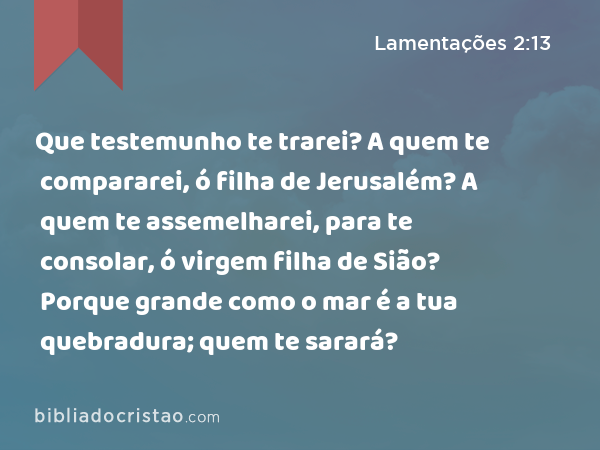 Que testemunho te trarei? A quem te compararei, ó filha de Jerusalém? A quem te assemelharei, para te consolar, ó virgem filha de Sião? Porque grande como o mar é a tua quebradura; quem te sarará? - Lamentações 2:13