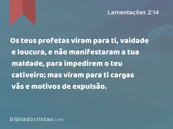 Os teus profetas viram para ti, vaidade e loucura, e não manifestaram a tua maldade, para impedirem o teu cativeiro; mas viram para ti cargas vãs e motivos de expulsão. - Lamentações 2:14