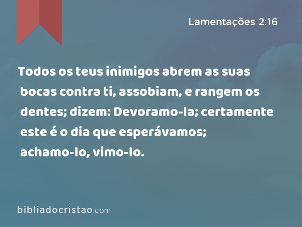 Todos os teus inimigos abrem as suas bocas contra ti, assobiam, e rangem os dentes; dizem: Devoramo-la; certamente este é o dia que esperávamos; achamo-lo, vimo-lo. - Lamentações 2:16