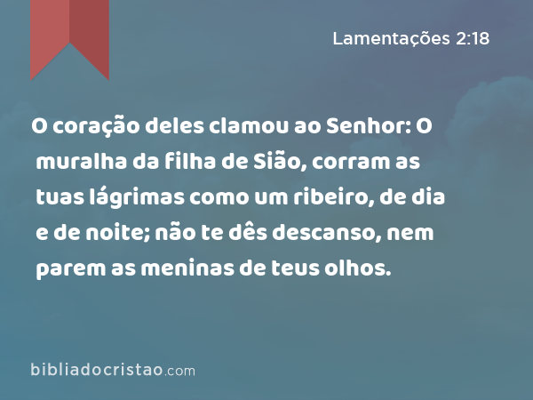 O coração deles clamou ao Senhor: O muralha da filha de Sião, corram as tuas lágrimas como um ribeiro, de dia e de noite; não te dês descanso, nem parem as meninas de teus olhos. - Lamentações 2:18