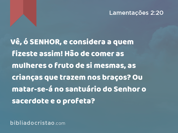 Vê, ó SENHOR, e considera a quem fizeste assim! Hão de comer as mulheres o fruto de si mesmas, as crianças que trazem nos braços? Ou matar-se-á no santuário do Senhor o sacerdote e o profeta? - Lamentações 2:20