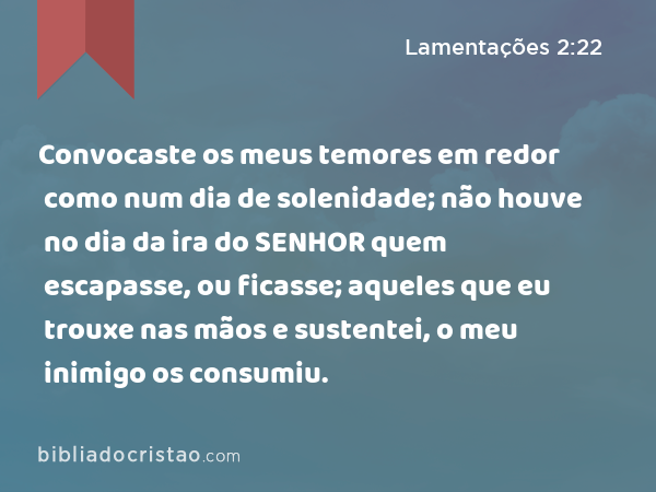 Convocaste os meus temores em redor como num dia de solenidade; não houve no dia da ira do SENHOR quem escapasse, ou ficasse; aqueles que eu trouxe nas mãos e sustentei, o meu inimigo os consumiu. - Lamentações 2:22