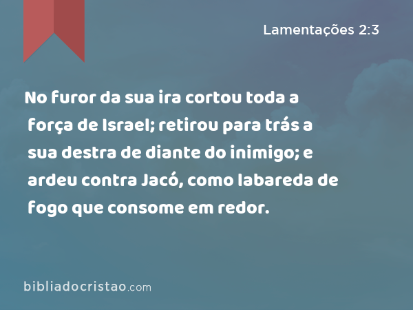 No furor da sua ira cortou toda a força de Israel; retirou para trás a sua destra de diante do inimigo; e ardeu contra Jacó, como labareda de fogo que consome em redor. - Lamentações 2:3