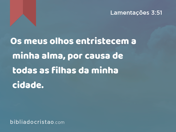 Os meus olhos entristecem a minha alma, por causa de todas as filhas da minha cidade. - Lamentações 3:51