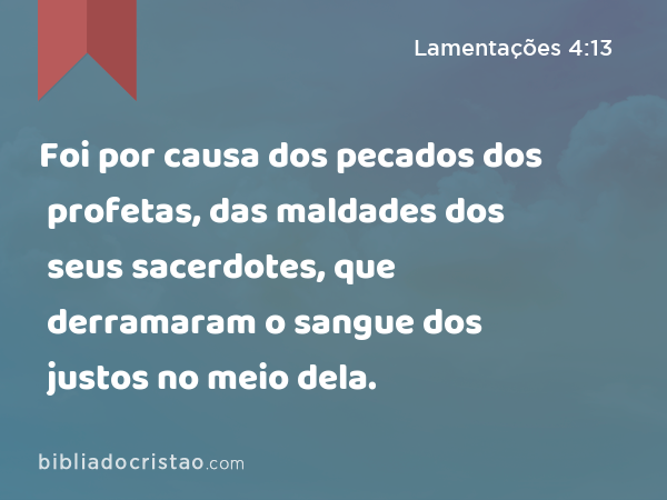 Foi por causa dos pecados dos profetas, das maldades dos seus sacerdotes, que derramaram o sangue dos justos no meio dela. - Lamentações 4:13