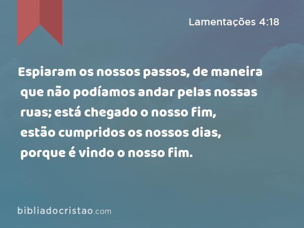 Espiaram os nossos passos, de maneira que não podíamos andar pelas nossas ruas; está chegado o nosso fim, estão cumpridos os nossos dias, porque é vindo o nosso fim. - Lamentações 4:18