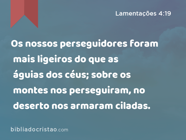 Os nossos perseguidores foram mais ligeiros do que as águias dos céus; sobre os montes nos perseguiram, no deserto nos armaram ciladas. - Lamentações 4:19