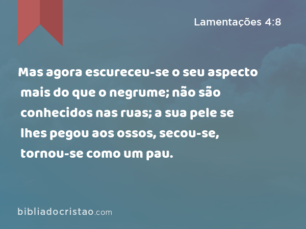 Mas agora escureceu-se o seu aspecto mais do que o negrume; não são conhecidos nas ruas; a sua pele se lhes pegou aos ossos, secou-se, tornou-se como um pau. - Lamentações 4:8