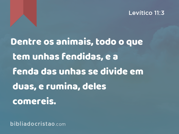 Dentre os animais, todo o que tem unhas fendidas, e a fenda das unhas se divide em duas, e rumina, deles comereis. - Levítico 11:3