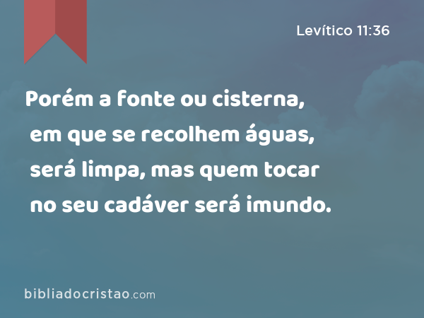 Porém a fonte ou cisterna, em que se recolhem águas, será limpa, mas quem tocar no seu cadáver será imundo. - Levítico 11:36