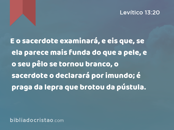 E o sacerdote examinará, e eis que, se ela parece mais funda do que a pele, e o seu pêlo se tornou branco, o sacerdote o declarará por imundo; é praga da lepra que brotou da pústula. - Levítico 13:20