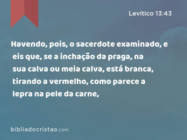 Havendo, pois, o sacerdote examinado, e eis que, se a inchação da praga, na sua calva ou meia calva, está branca, tirando a vermelho, como parece a lepra na pele da carne, - Levítico 13:43