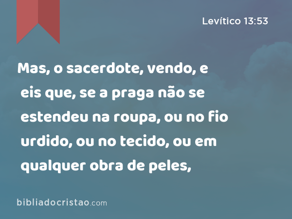 Mas, o sacerdote, vendo, e eis que, se a praga não se estendeu na roupa, ou no fio urdido, ou no tecido, ou em qualquer obra de peles, - Levítico 13:53