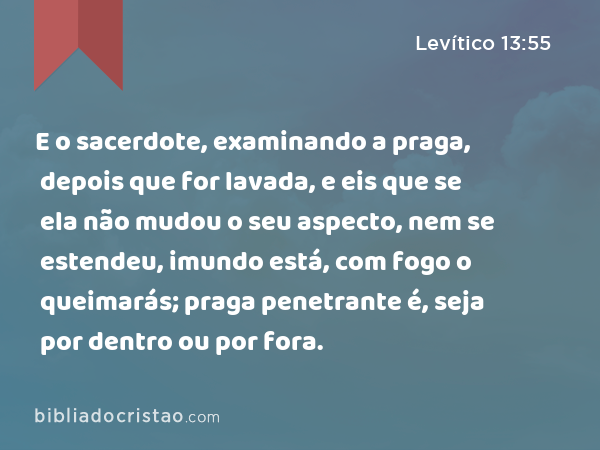 E o sacerdote, examinando a praga, depois que for lavada, e eis que se ela não mudou o seu aspecto, nem se estendeu, imundo está, com fogo o queimarás; praga penetrante é, seja por dentro ou por fora. - Levítico 13:55