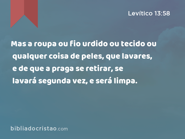 Mas a roupa ou fio urdido ou tecido ou qualquer coisa de peles, que lavares, e de que a praga se retirar, se lavará segunda vez, e será limpa. - Levítico 13:58