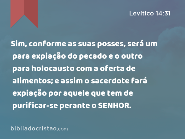 Sim, conforme as suas posses, será um para expiação do pecado e o outro para holocausto com a oferta de alimentos; e assim o sacerdote fará expiação por aquele que tem de purificar-se perante o SENHOR. - Levítico 14:31