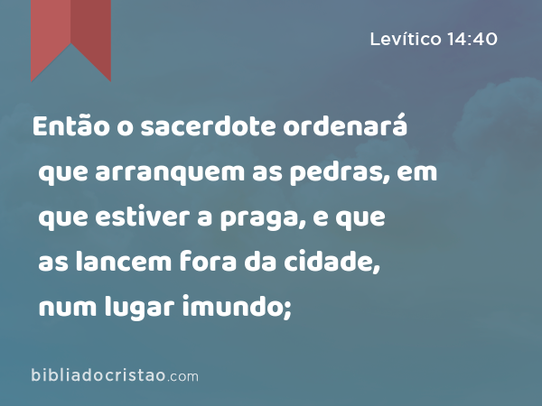 Então o sacerdote ordenará que arranquem as pedras, em que estiver a praga, e que as lancem fora da cidade, num lugar imundo; - Levítico 14:40