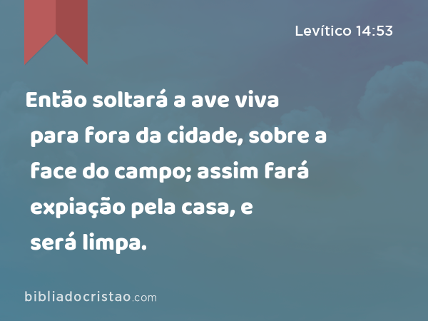 Então soltará a ave viva para fora da cidade, sobre a face do campo; assim fará expiação pela casa, e será limpa. - Levítico 14:53