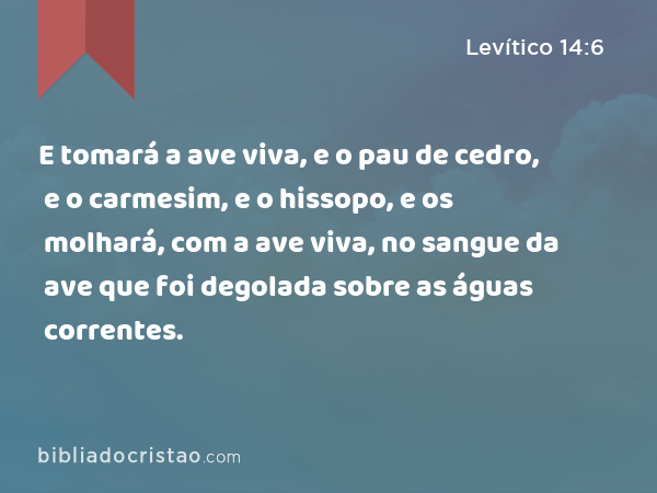 E tomará a ave viva, e o pau de cedro, e o carmesim, e o hissopo, e os molhará, com a ave viva, no sangue da ave que foi degolada sobre as águas correntes. - Levítico 14:6