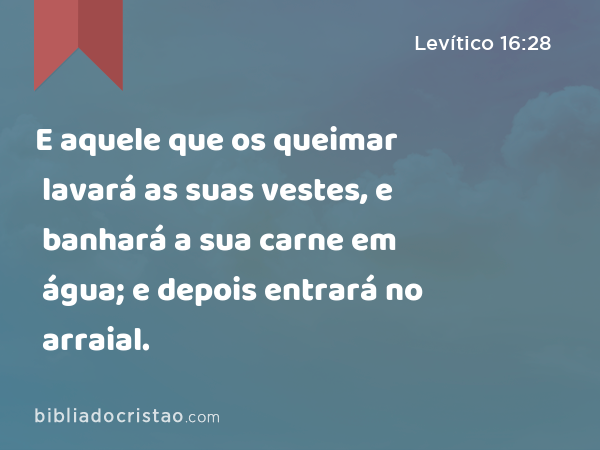 E aquele que os queimar lavará as suas vestes, e banhará a sua carne em água; e depois entrará no arraial. - Levítico 16:28