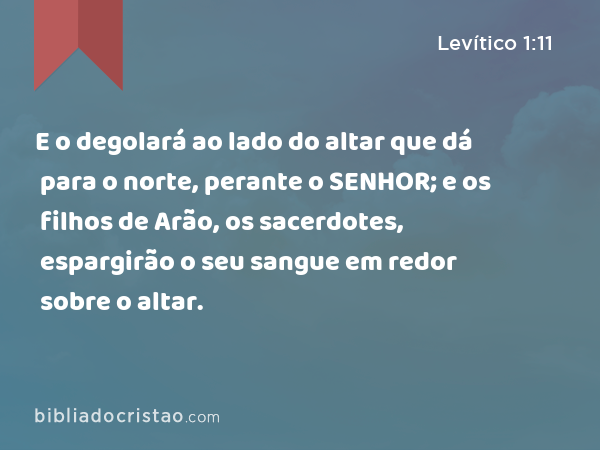 E o degolará ao lado do altar que dá para o norte, perante o SENHOR; e os filhos de Arão, os sacerdotes, espargirão o seu sangue em redor sobre o altar. - Levítico 1:11