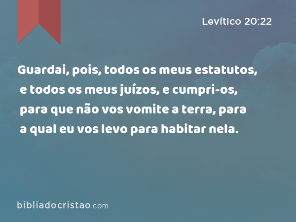 Guardai, pois, todos os meus estatutos, e todos os meus juízos, e cumpri-os, para que não vos vomite a terra, para a qual eu vos levo para habitar nela. - Levítico 20:22