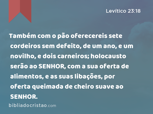 Também com o pão oferecereis sete cordeiros sem defeito, de um ano, e um novilho, e dois carneiros; holocausto serão ao SENHOR, com a sua oferta de alimentos, e as suas libações, por oferta queimada de cheiro suave ao SENHOR. - Levítico 23:18