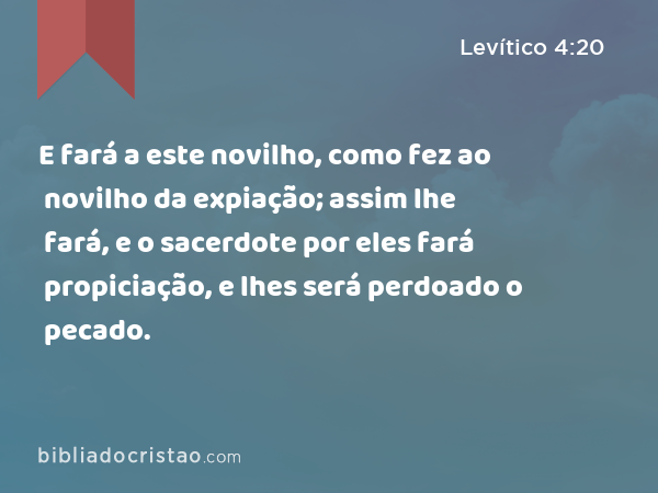 E fará a este novilho, como fez ao novilho da expiação; assim lhe fará, e o sacerdote por eles fará propiciação, e lhes será perdoado o pecado. - Levítico 4:20