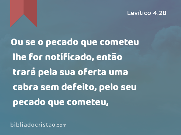 Ou se o pecado que cometeu lhe for notificado, então trará pela sua oferta uma cabra sem defeito, pelo seu pecado que cometeu, - Levítico 4:28