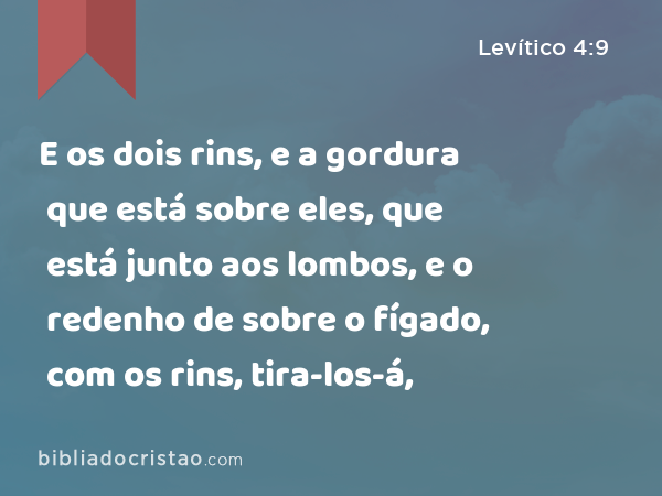 E os dois rins, e a gordura que está sobre eles, que está junto aos lombos, e o redenho de sobre o fígado, com os rins, tira-los-á, - Levítico 4:9