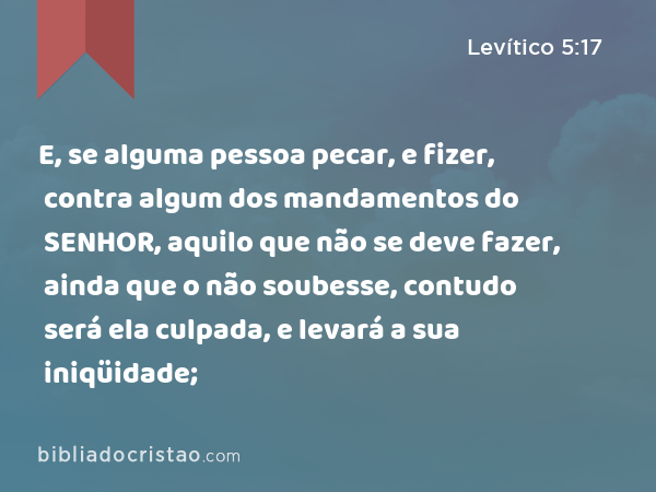 E, se alguma pessoa pecar, e fizer, contra algum dos mandamentos do SENHOR, aquilo que não se deve fazer, ainda que o não soubesse, contudo será ela culpada, e levará a sua iniqüidade; - Levítico 5:17