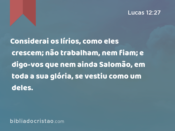 Considerai os lírios, como eles crescem; não trabalham, nem fiam; e digo-vos que nem ainda Salomão, em toda a sua glória, se vestiu como um deles. - Lucas 12:27