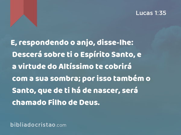 E, respondendo o anjo, disse-lhe: Descerá sobre ti o Espírito Santo, e a virtude do Altíssimo te cobrirá com a sua sombra; por isso também o Santo, que de ti há de nascer, será chamado Filho de Deus. - Lucas 1:35