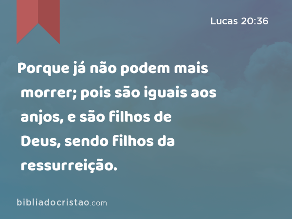 Porque já não podem mais morrer; pois são iguais aos anjos, e são filhos de Deus, sendo filhos da ressurreição. - Lucas 20:36