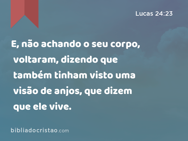 E, não achando o seu corpo, voltaram, dizendo que também tinham visto uma visão de anjos, que dizem que ele vive. - Lucas 24:23