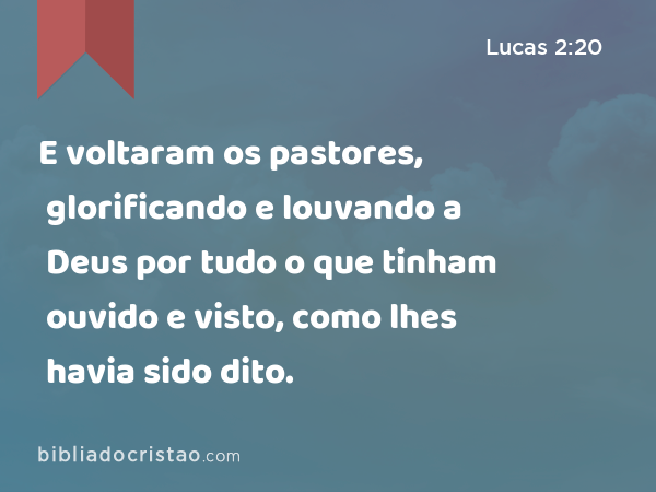 E voltaram os pastores, glorificando e louvando a Deus por tudo o que tinham ouvido e visto, como lhes havia sido dito. - Lucas 2:20