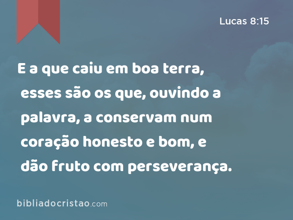 E a que caiu em boa terra, esses são os que, ouvindo a palavra, a conservam num coração honesto e bom, e dão fruto com perseverança. - Lucas 8:15