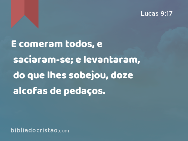 E comeram todos, e saciaram-se; e levantaram, do que lhes sobejou, doze alcofas de pedaços. - Lucas 9:17