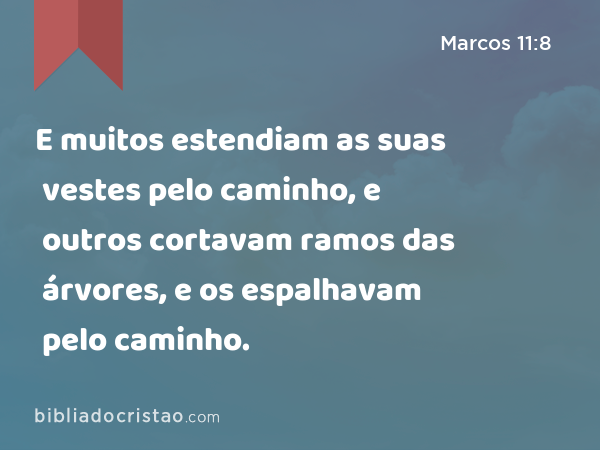 E muitos estendiam as suas vestes pelo caminho, e outros cortavam ramos das árvores, e os espalhavam pelo caminho. - Marcos 11:8